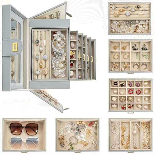 AKOZLIN 6-Tier Jewelry Box Organizer Functional Huge 5 Drawers Leather Jewelry Storage Case Grey Large
