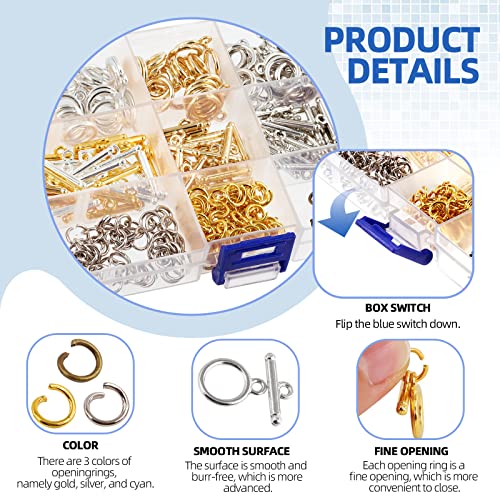 Glarks 420Pcs Toggle Clasps and Open Jump Rings Set 120 Sets 5 Colors Round Toggle Clasps Connectors T-Bar Jewelry Clasp and 300pcs 3 Colors Open Jump Rings for Jewelry Bracelet Necklace Making