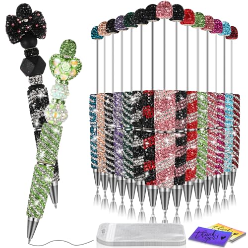 Tondiamo 45 Pcs Full Rhinestone Beadable Pens Bulk Set 15 Glitter Diamond Pens with Cards & Bags Fancy Beaded Pen for Beads DIY Cute Journalling Bling Ballpoint Craft Making(Streak Diamonds) - style: Streak Diamonds