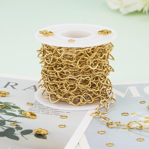 KYUNHOO 13 Feet Gold Plated Jewelry Making Chains Bulk on Spool Hollow Heart Links Chain for Crafting Stainless Steel Necklace Bracelet Making Supplies with Lobster Clasps Jump Rings - color: Heart Gold
