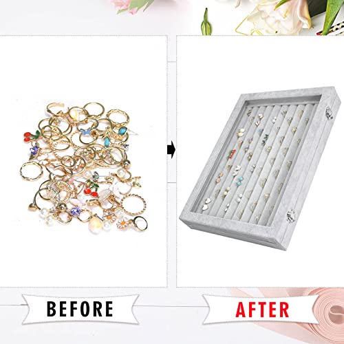 Siveit Rings Organizer Tray 10 Slots Velvet Ring Display Tray Insert Jewelry Earring Storage Box with Transparent Glass lid Can Hold 100 Rings Earrings Suitable for Girls and Women (Grey) - color: Grey
