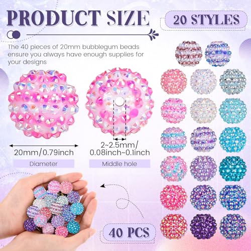 40 Pcs 20 mm Rhinestone Beads Bulk Crystal Round Disco Ball Chunky Bubblegum Beads for Pens Bracelets Charms Craft European Style Jewelry Making Supplies Christmas(Mermaid Color) - color: Mermaid Color