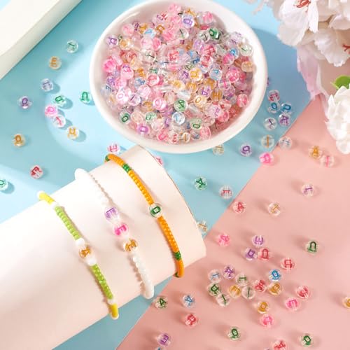 500Pcs Transparent Vowel Letter Acrylic Beads Clear Colorful Flat Round Capital Letter Alphabet Loose Spacer Beads for DIY Bracelet Necklace Keychain Jewelry Making 7x3.5mm - color: Transparent