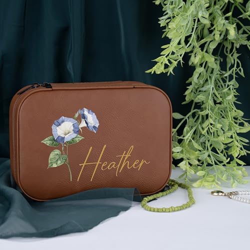 Custom Leather Jewelry Box with Name & Birth Flower Month, Birthday Gifts for Women, Personalized Jewelry Travel Case - Customized Jewelry Organizer Box, Mom Birthday Gifts, Tan - color: Tan