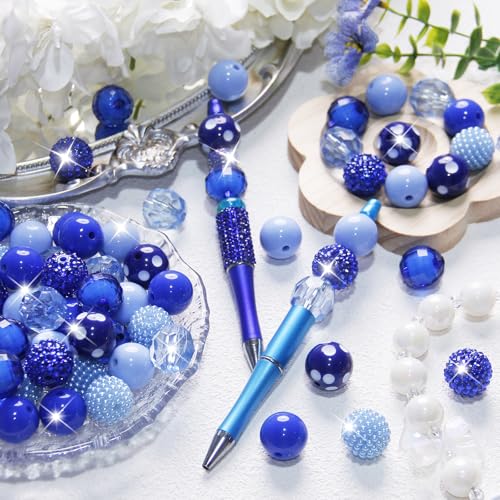 48 Pcs 20mm Beads for Pens Rhinestone Bubblegum Beads Mixed Crystal Acrylic Round Chunky Bead Sparkly Craft Large Balls Bead for Pen Beadable Keychain Bracelet Necklace DIY Jewelry Making Supplies - color: Dark Blue series