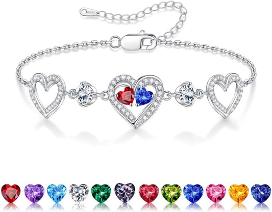 Iefil Valentines Day Gifts for Her - 925 Sterling Silver Heart Birthstone Bracelet Birthday Anniversary Jewelry Gifts for Her Wife