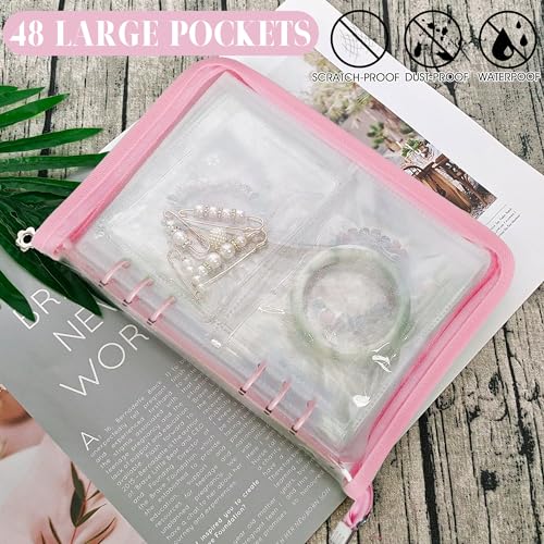 Bracelet Holder Travel Jewelry Organizer Case Transparent Jewelry Storage Book for Earring Necklace Ring with Small Clear Zippered Pouch - color: Pink,48 PCS Large Bags