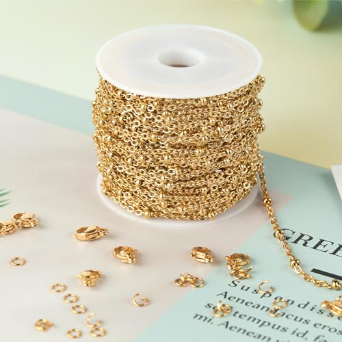 Kyutong 10M Gold Stainless Steel Jewelry Chain in Bulk Beaded Cable Link Chain Roll with Jump Rings and Lobster Clasps for DIY Jewelry Making Supplies - color: Cross Bead Gold
