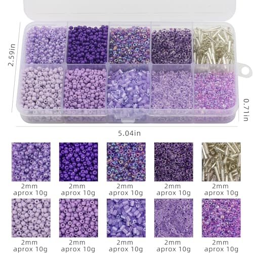 Approx 5000pcs 12/0 Glass Seed Beads for Jewelry Making, 2mm Mix 10 Colors Tube Beads Glass Bugle Beads Waist Beads Kit for Bracelets Necklaces Earrings DIY Supplies (Lavender) - color: Lavender