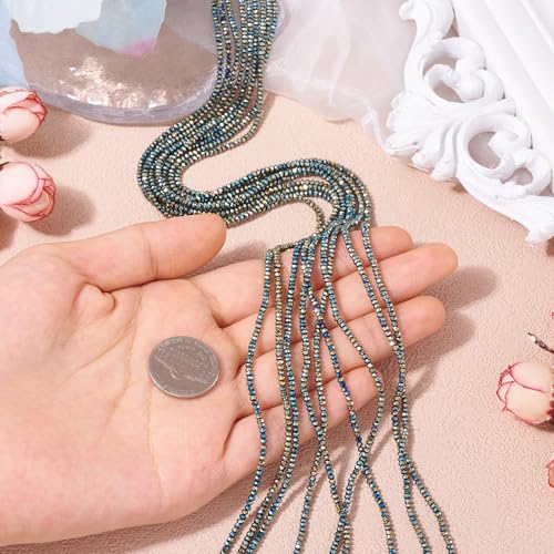 FASHEWELRY 10 Strands Briolette Faceted Glass Beads 2mm Rondelle Crystal Glass Spacer Beads Green Plated for Necklace Bracelet Jewelry Making - color: Green Plated, size: 2mm