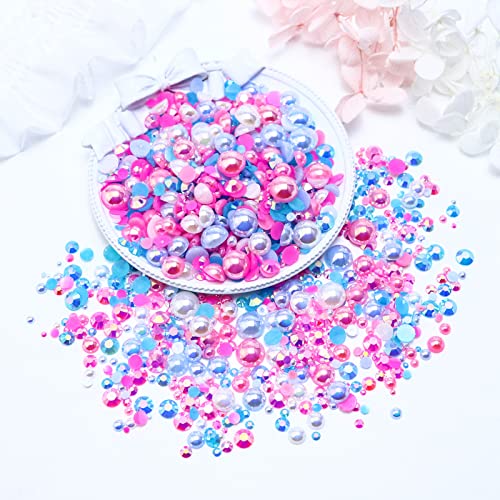 60g Mix Flatback Pearls and Rhinestones, 2mm-10mm Jelly Rhinestones and Half Pearls for Tumblers Shoes Nails Face Art, Pearl Rhinestone Mix for Bedazzling, White|Blue|Pinks - color: Cotton Candy Blend | Mix White | Blue | Pinks