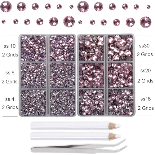 10000Pcs 2-Boxes Mixed Size Hot Fix Round Crystals Gems Glass Stones Hotfix Flat Back Rhinestones with Tweezers and Picking Pencil (Light Amethyst) - color: Light Amethyst, size: 2-Box (10000pcs)