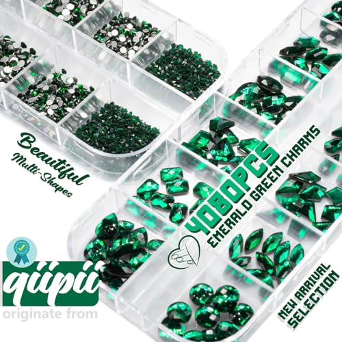 qiipii 4080Pcs Emerald Green Nail Rhinestones K9 Glass Crystal Flat Back Rhinestones Nail Charms Stones Multi Shapes Big Gems Round Beads Nail Art Diamonds jewels for Nails Face Eyes Makeup Crafts DIY - color: Emerald Green, size: A Set