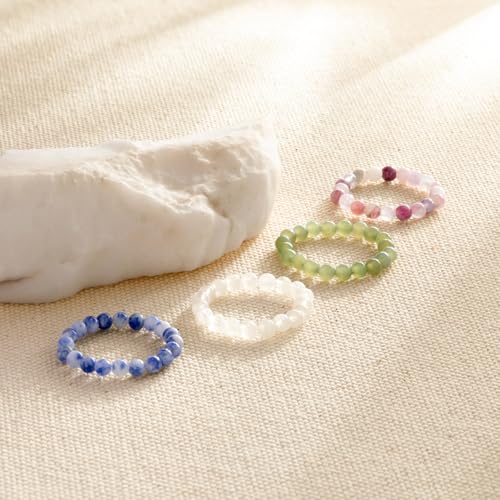 NLIEO Natural Gemstone Stretch Beaded Rings for Women Stackable Dainty Elastic Crystal Rings Jewelry - style: Green Jade