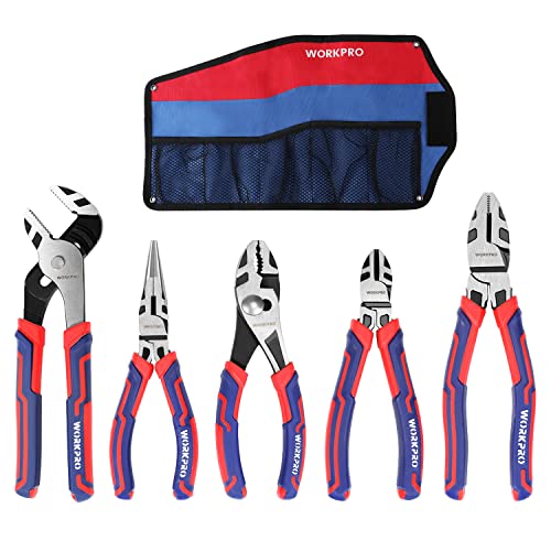 WORKPRO Pliers Set, Premium Cr-V Construction, Includes 6 Inch Slip Joint, Long Nose, Diagonal Cutting, 8 Inch Groove Joint, 7 Inch Linesman and Storage Pouch, for Basic Repair - size: 5-piece