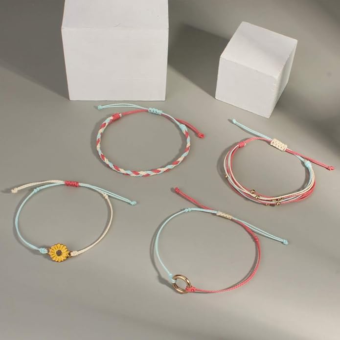 FANCY SHINY Sunflower String Bracelet Boho Braided Rope Wrap Bracelets Cute Summer Beach Surfer Jewelry for Women