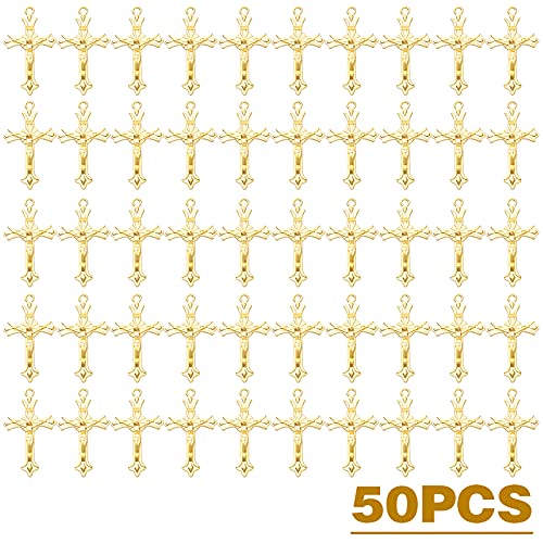 BronaGrand 50pcs Alloy Cross Charms Pendants Jewelry Rosary Cross Charms for DIY Bracelet Necklace Jewelry Making Findings,37×22mm - color: Gold
