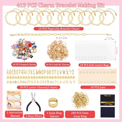 Wurosi 413 Pieces Gold Paperclip Charm Bracelet Making Kit, Including Paperclip Chain Bracelets, Charms, Jump Rings, Gift Bags, Pliers for Crafts Beginner Supplies Gift - color: 413 Pcs Gold Bracelet