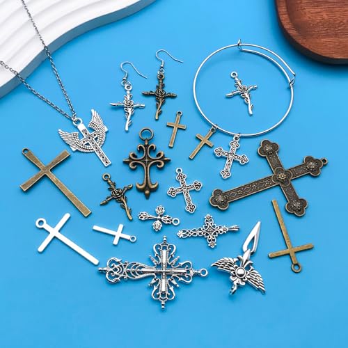 Youdiyla 21pcs Alloy Ancient Silvery Ancient Cyan Cross Series Pendant Jewelry Making DIY Keychain Earrings Pendant Various Design Charms for Jewelry Making Bracelets Necklace (M23) - color: M23