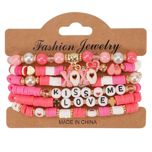 6PCS Valentine’s Day Clay Heishi Bracelet Set for Women- Red Pink Heart Love KISS XOXO Beaded Stretch Bracelets - Handmade Polymer Clay Crystal Glass Stackable Jewelry Gift for Galentine's Anniversary - color: LOVE-01
