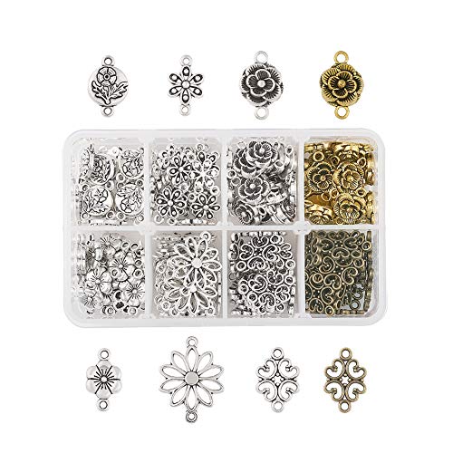 Pandahall 1Box/160pcs 8 Styles Alloy Tibetan Style Flower Connectors Charms Antique Sliver & Brown Metal Filigree Link Charms for Jewelry Making Dangle Pendants