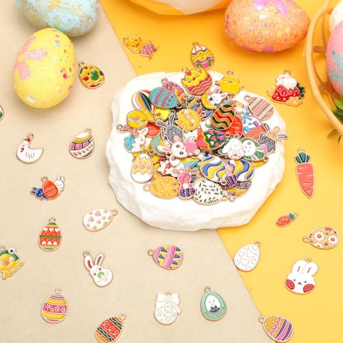 MARFOREVER 120 PCS Easter Charms for Jewelry Making, Assorted Gold Enamel Easter Bunny Egg Rabbit Charms Pendants Easter Spring Charm Bulk for DIY Bracelet Necklace Earrings Making Supplies - style: Easter