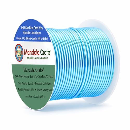 Mandala Crafts 16 Gauge Anodized Aluminum Craft Wire for Jewelry Making - 100 FT Colored Flexible Vivid Sky Blue Wire - Bendable for Bonsai Armature Crafting Sculpting - color: Vivid Sky Blue, size: 16 Gauge