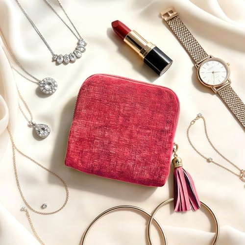 Sobotoo Small Travel Jewelry Case, Jewelry Zippered Pocket Case, 5-Layer Soft Velvet Organizer Pouch for Bracelets, Earrings, Beaded necklace, Rings, Mini Jewelry Bag for Travel Everyday Use(Red) - color: Red