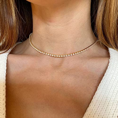 Tewiky Layered Necklaces for Women Non Tarnish- Chunky 14k Gold Plated Herringbone/Snake/Rope/Box/Cuban Link Chain for Women Waterproof Layering Stack Choker Necklace Trendy Dainty Tarnish Free Jewelry Set - color: Tennis Necklace Gold