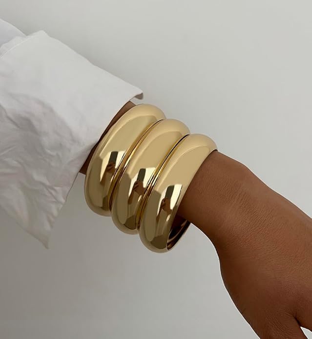 Chunky Gold Bangle Bracelets for Women, Dainty 14k Gold Plated Big Stackable Bangles Set, Trendy Statement Cuff Bracelet Stack Fashion Jewelry Christmas Gifts