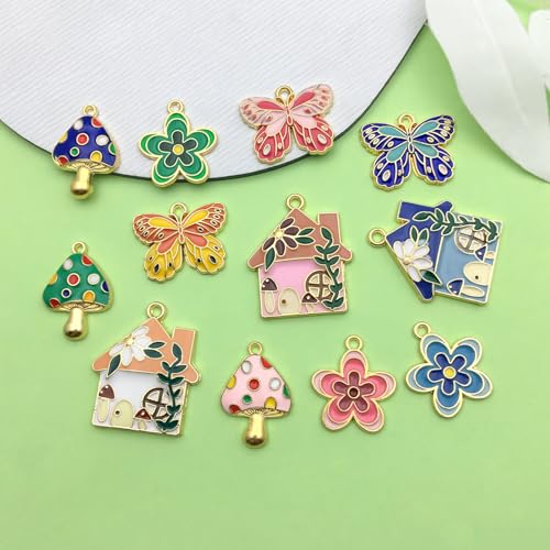 Sailanzi 24pcs Alloy enamel house butterfly mushroom series Pendant Jewelry Making DIY Keychain Earrings Pendant Various Design Charms for Jewelry Making Bracelets Necklace (SN786) - color: SN786