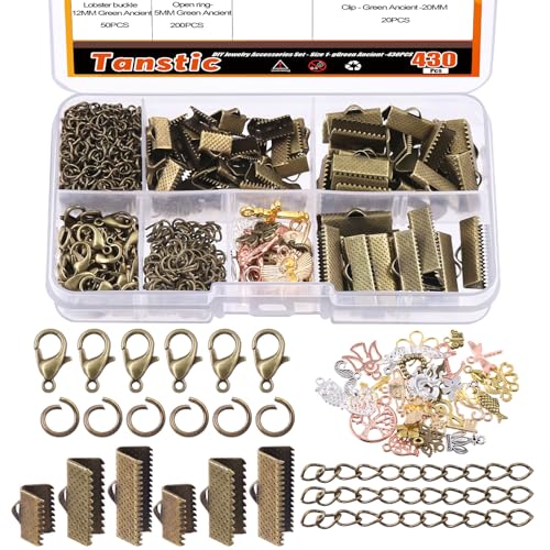 Tanstic 430Pcs Bronze Ribbon Ends Fastener Clasps Kit, Bookmark Pinch Crimp Ends with Open Jump Rings, Lobster Claw Clasps, Chain Extenders and Pendant Charms for DIY Crafts - color: Bronze Ribbon Ends