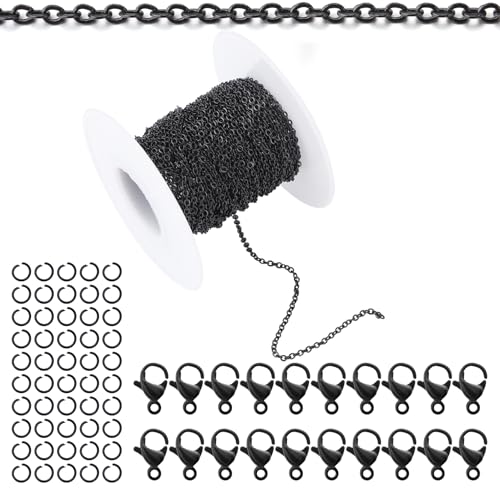 33Feet Black Stainless Steel Necklace Chains Cable Link Chains for Jewelry Making DIY Craft Kit with Lobster Clasps Jump Rings - color: 33Feet-Black, size: 2.0mm