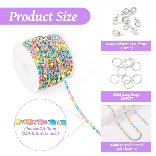 KISSITTY 9.84 Feet Stainless Steel Link Chains Enamel Bead Necklace Bracelet Unwelded Chain Jewelry Making Kit for Women Choker Anklet DIY Clothes Decor Crafts Making with Clasps Jump Rings