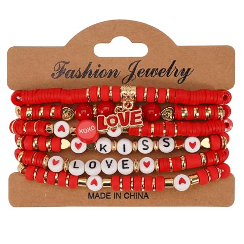 6PCS Valentine’s Day Clay Heishi Bracelet Set for Women- Red Pink Heart Love KISS XOXO Beaded Stretch Bracelets - Handmade Polymer Clay Crystal Glass Stackable Jewelry Gift for Galentine's Anniversary - color: LOVE-03