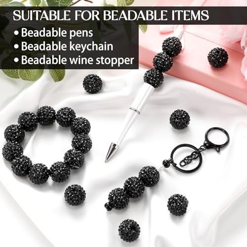 40 Pcs 20 mm Rhinestone Beads Bulk Crystal Round Disco Ball Chunky Bubblegum Beads for Pens Bracelets Charms Craft European Style Jewelry Making Supplies Christmas(Black) - color: Black