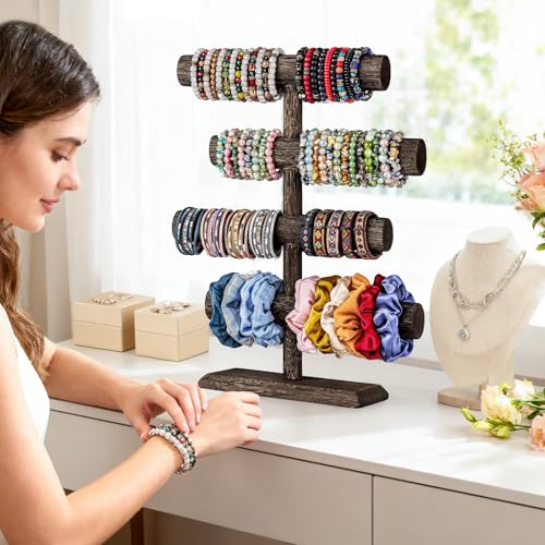 LadyRosian 4 Tier Wooden Display Jewelry Accessory Stand Jewelry Bracelet Holder Bangle Watch Necklace Storage Jewelry Holder Stand Display Organizer (Brown-4 layers) - color: Brown 4-Tier