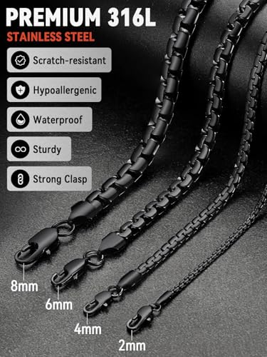 FaithHeart Mens Black/Silver/Gold Stainless Steel Flat Box Link Chain Necklace, Stylish 2/4/6/8mm Width Box Chains Necklaces for Men Non Tarnish Hip Hop Chain Jewelry Gifts,14"-30" Length - color: 2mm Width-Black, size: 24 Inches Length