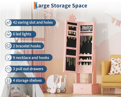Kids Jewelry Armoire Cabinet with Full-Length Mirror,46"Jewelry Armoire with Led Light, Kids Jewelry Organizer with 3 Storage Drawers,Kids Vanity Dress Up Mirror Jewelry Cabinet for Girls（light Pink) - size: Light pink