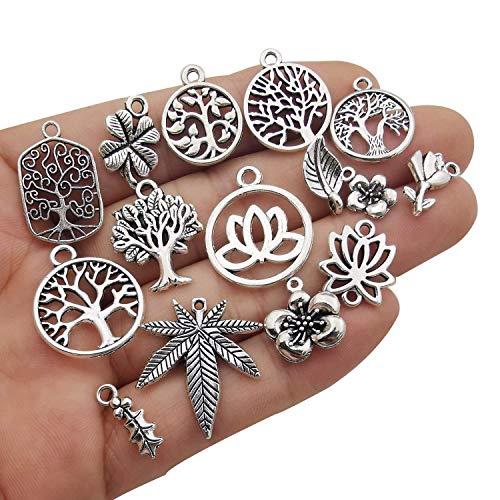 Youdiyla 100pcs Mix Silver Tree Flower Charms Collection, Bulk Mini Small Little Charms Metal Pendant Craft Supplies Findings for Necklace and Bracelet Jewelry Making (HM291) - color: Tree Flower Charms-100pcs