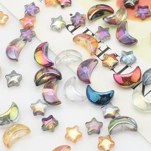 Glass Beads, KLFHS 60PCS Mixed Color Star and Moon Glass Beads for Jewelry Making, Cute Unique Bead Bulk Spacer Bead for Jewelry Bracelet Necklace Earring Craft Supplies DIY - color: Star-moon