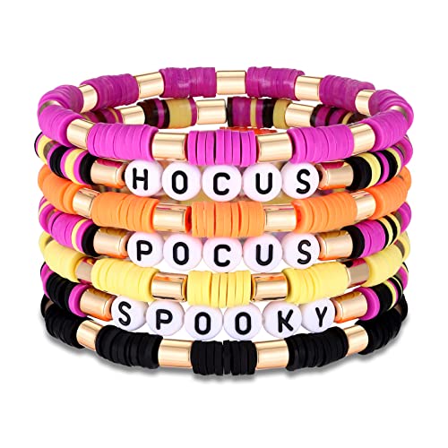 FAERLIIRY Halloween Bracelets for Women Preppy Heishi Bracelets HOCUS POCUS SPOOKY Letter Stack Vinyl Disc Beads Surfer Stretch Bracelet Halloween Cosplay Jewelry Gifts - style: HOCUS POCUS