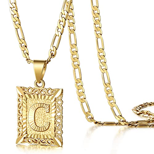 KissYan Initial Letter Pendant Necklace for Men Women, 14K Gold Plated Square Capital Monogram Necklace Alphabets from A-Z Figaro Chain Jewelry - color: 1-Gold, style: C