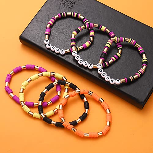 FAERLIIRY Halloween Bracelets for Women Preppy Heishi Bracelets HOCUS POCUS SPOOKY Letter Stack Vinyl Disc Beads Surfer Stretch Bracelet Halloween Cosplay Jewelry Gifts - style: HOCUS POCUS