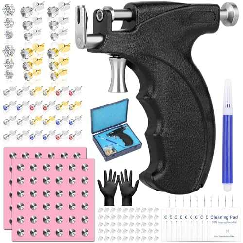 Professional Ear Piercing Gun, Reusable Ear Piercing Machine with Stainless Steel Piercing Studs, Colorful Crystal Earrings Set for At Home Salon Earlobe Cartilage Helix Tragus Piercing Tool Kit - color: Dark Black