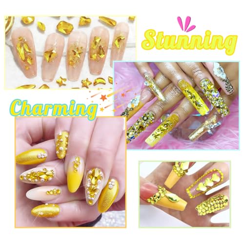 qiipii 2630Pcs Golden Yellow Nail Rhinestones 120 Multi Shapes Crystal Flatback Gems +2510 Round Beads Glass Stones Diamonds Jewels w Tweezer & Wax Pen for DIY Face Eye Mackup Clothes Shoes - color: Golden Yellow, size: A Set