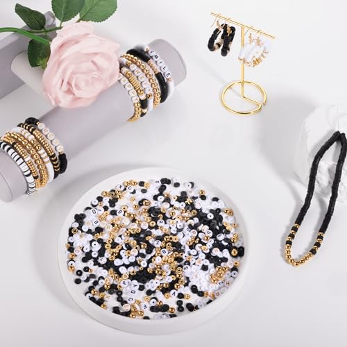White Black Clay Beads Bracelet Making kit, Funtopia Heishi Beads Polymer Clay Beads for Jewelry Making, Friendship Bracelet Kit with Gold Beads Alphabet Letter Beads for Girls Adults (6mm) - color: 3.Black and white