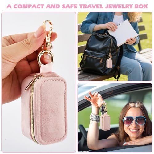 Velvet Mini Travel Jewelry Case, 2 in 1 Ring Holder Keychain + 50 Plastic Earrings, Portable Small Jewelry Organizer for Women, Travel/Gym/Wedding/Bridesmaid Gift - color: pink
