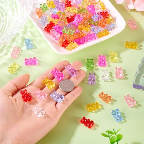 150Pcs Acrylic Gummy Bear Beads Clear Fake Gummy Bear Cute Candy Animal Kandi Bracelet Beads Flat Back Cabochons for Crafts DIY Jewelry Making Supplies 10 Colors 18x12mm - color: 11 Colors