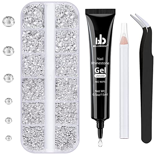 BELLEBOOST Nail Art Rhinestone Glue Gel&1 Box Flatback Gems Kit, 1 Tube of 15ml Rhinestone Gel Glue(UV/LED Needed)+Round Glass Crystal Clear Gemstones with Pickup Tools - color: A08-Clear